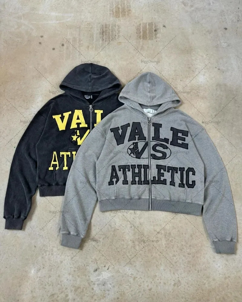 Casual and fashionable street zipper hoodie oversized American retro letter printed sweatshirt hiphop Y2k personalized clothing 250403