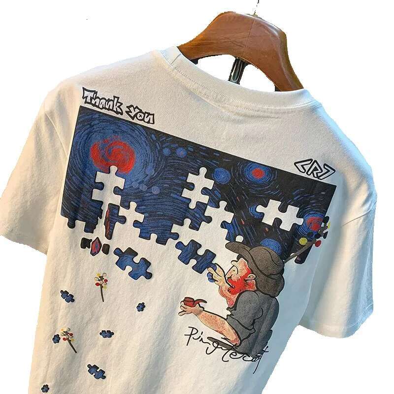 Men's short sleeved T-shirt, fashionable, abstract art print, loose, combed cotton, comfortable, summer
