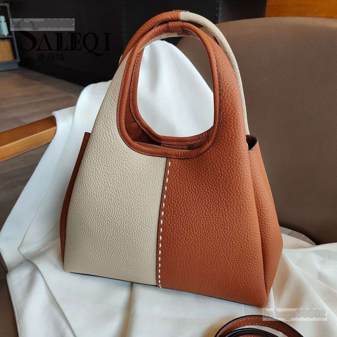 Genuine Leather New Vegetable Basket Handbag Simple And Versatile The Korean Version Of The Contrasting Color Commuting Bag