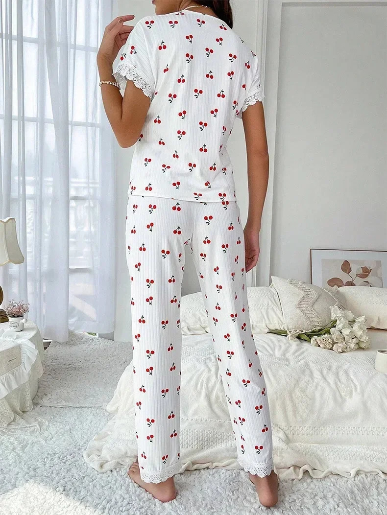 Lace Trim Women Pajama Set Short Sleeve Front Button Top FullLength Pants Cherry Print 2 Pieces Sleepwear Nightwear Homewear 250313