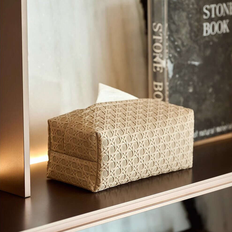 High-end Light Luxury Rattan Pattern Waterproof Leather Storage for Living Room Bedroom Car Large Capacity Tissue Box