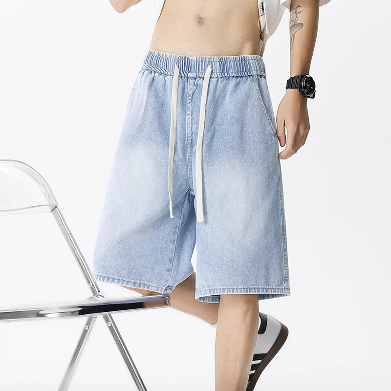 Casual denim shorts mens elastic waist straight comfortable light blue soft loose Bermuda jeans 250313