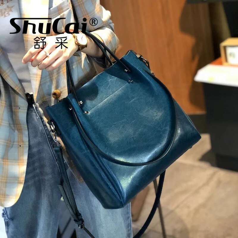 Shoulder Large Casual Tote Fashion Messenger Cowhide Leather Women's Bag Large-Capacity Ladies Handbag Bucket High Quality