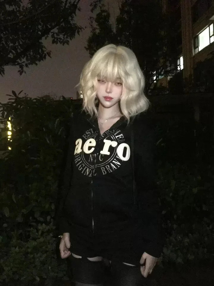 Retro letter graphic punk 2000s girl Y2k hooded sweatshirt zipper Korean sweet cut ultrathin sportswear casual women Blusas Gothic 250403