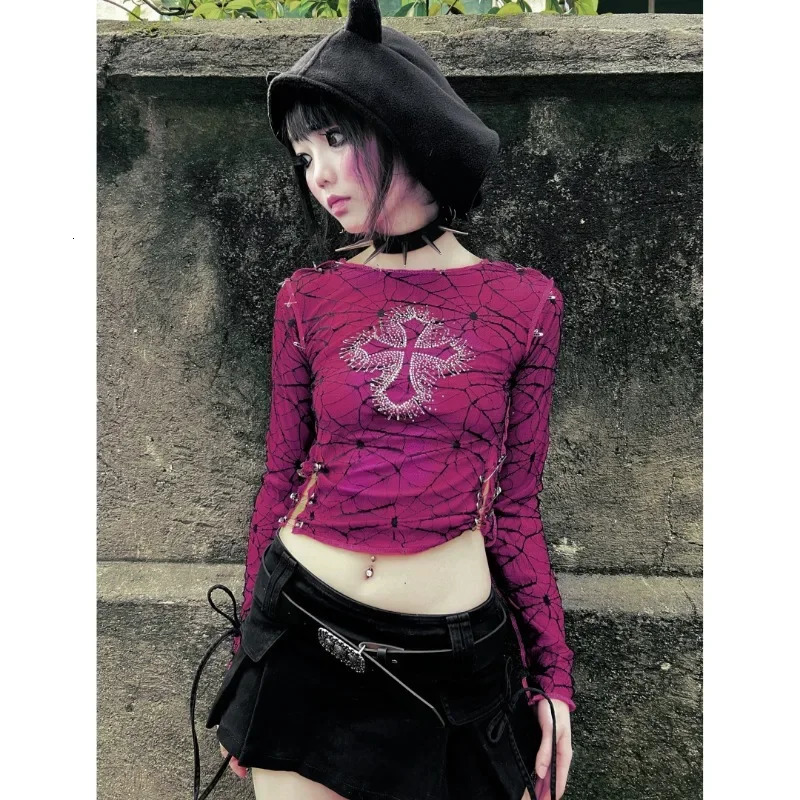 Sexy girl slim suitable for iron diamond cross highquality long sleeved Tshirt women Harajuku casual Gothic top 250407