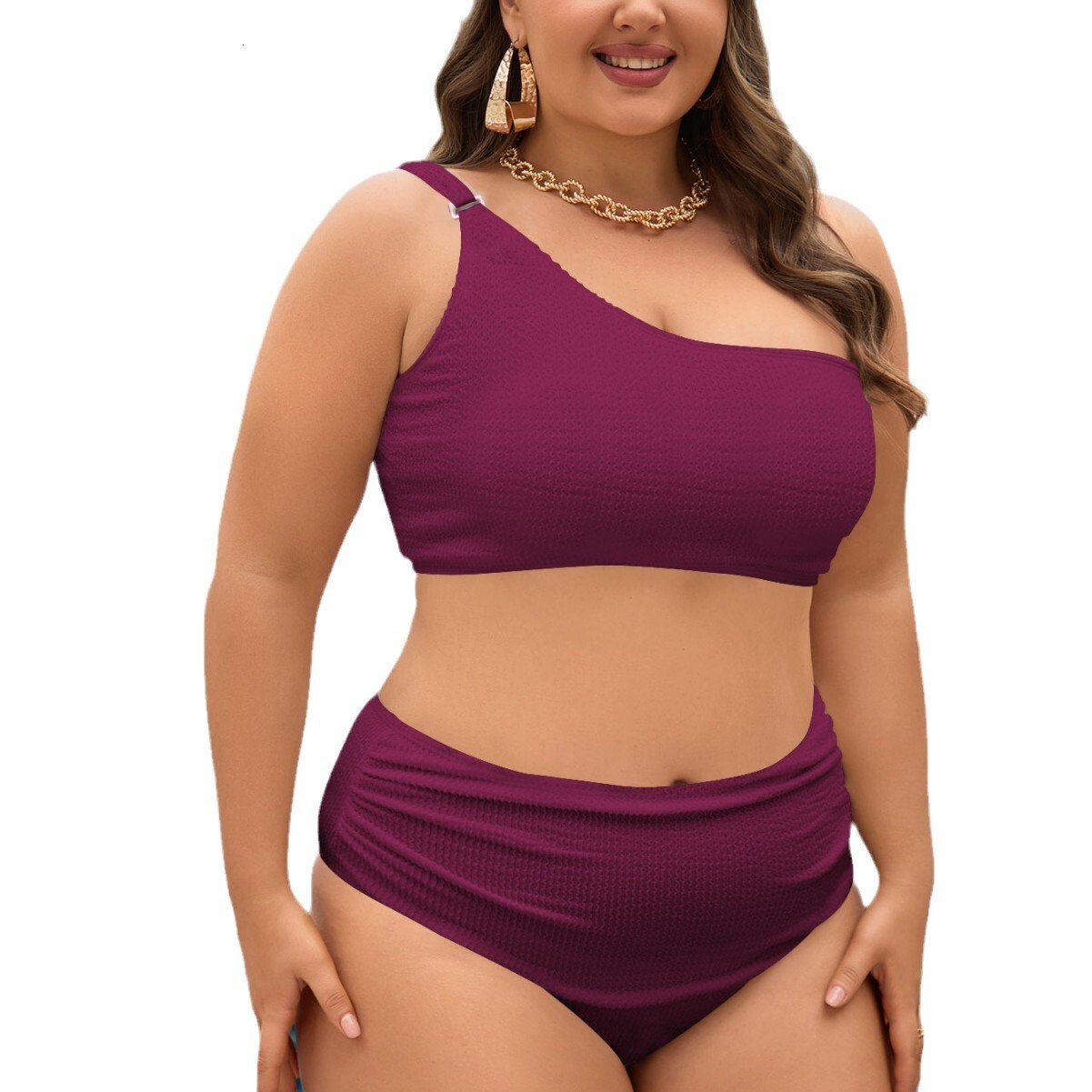 Large size split triangle bikini women's single shoulder solid color conservative fat woman swimsuit women