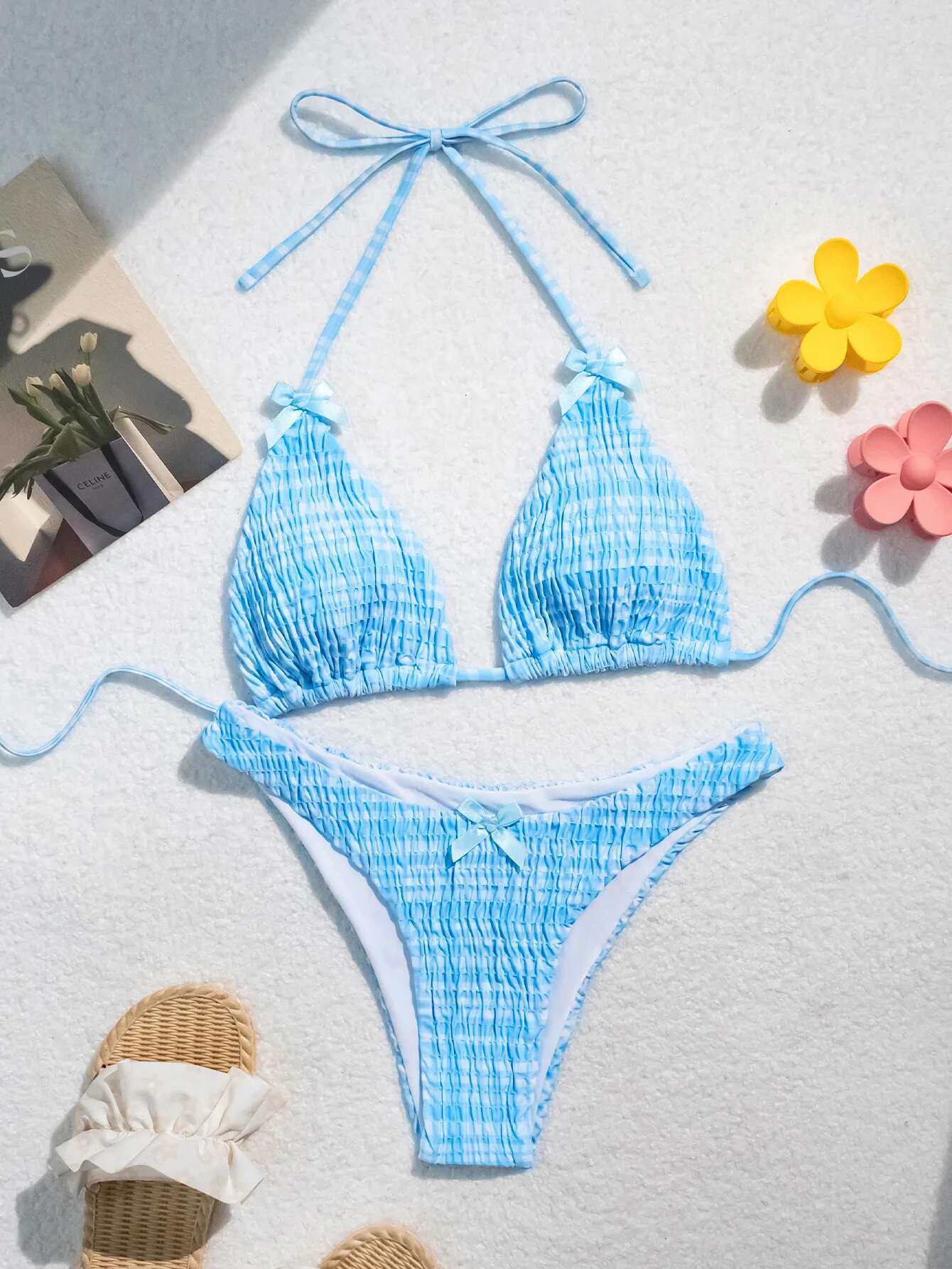 Dongdumaoyi Sexy Pleate Bikini Women Sky Blue Cute Tie Bow Strap Push Up Micro Swimsuit Bathing Suit Thong Swimwear Beachwear Biquini