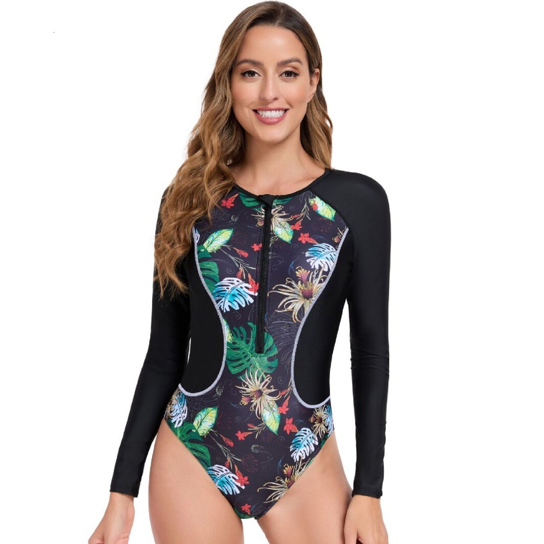 2025 one-piece long sleeved zipper diving surfing suit for women, swimsuit, printed multi-color beach racing swimsuit