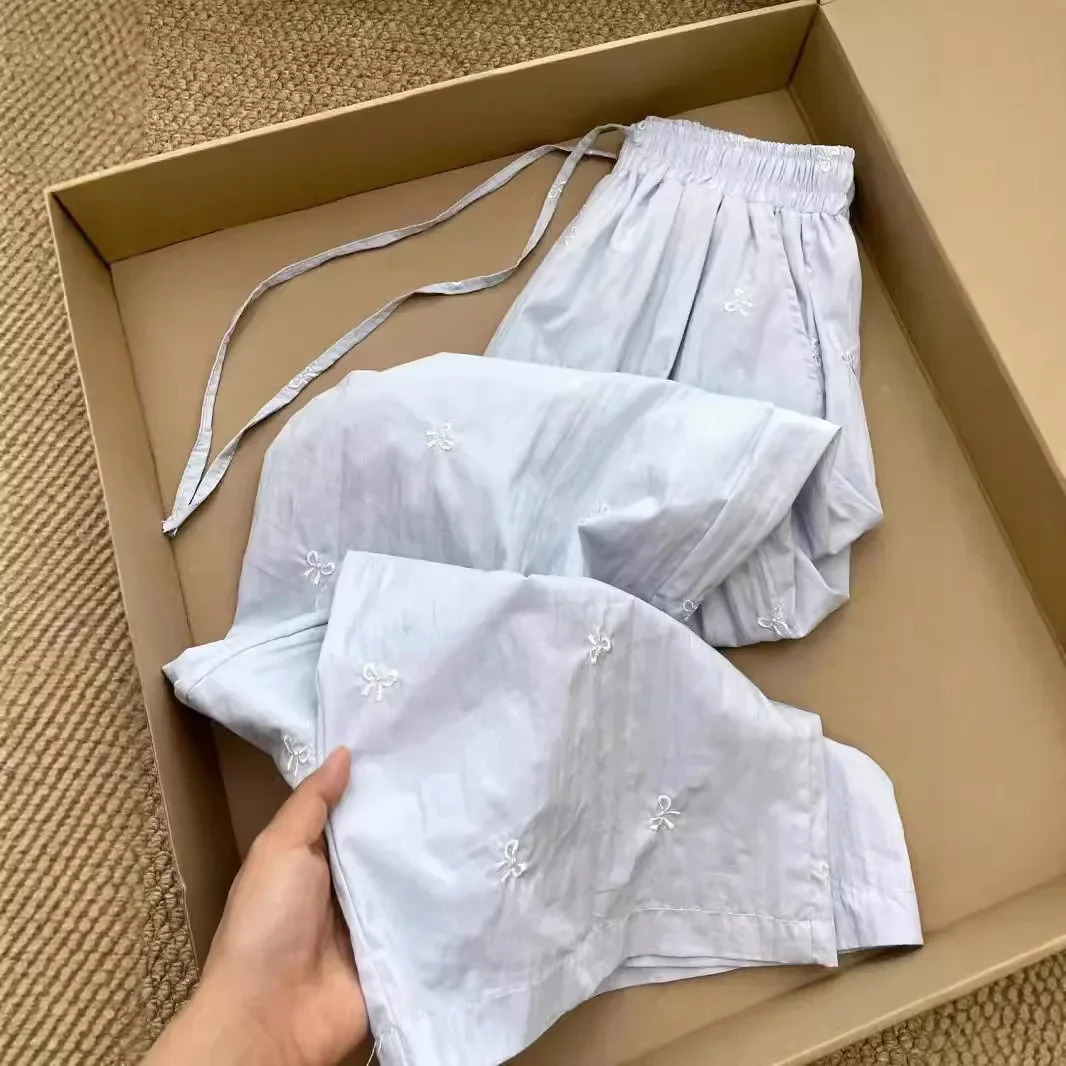 Embroidered Casual Pants Solid Color Summer Thin Straightening Leg Bell shaped Bottom Subtle Womens Close up Pants 250402