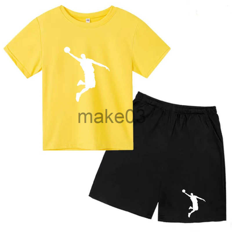 T-shirt 3-12Y clothing short sleeved top+shorts 2P boys and girls childrens basketball star printing sports fashion jogging casual set J250403