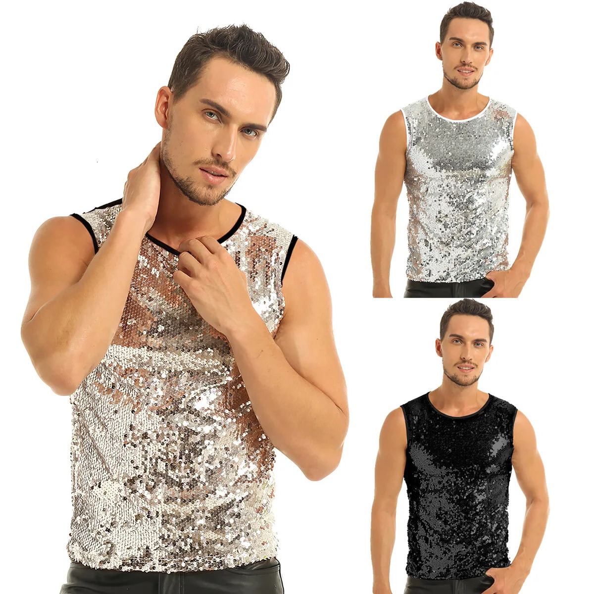 MSemis Mens Glitter Sequins Tank Top Fashion Summer Crop Top Vest Slim Muscle Tank Tops Hip Hop Clubwear Stage Rave Costume 250407
