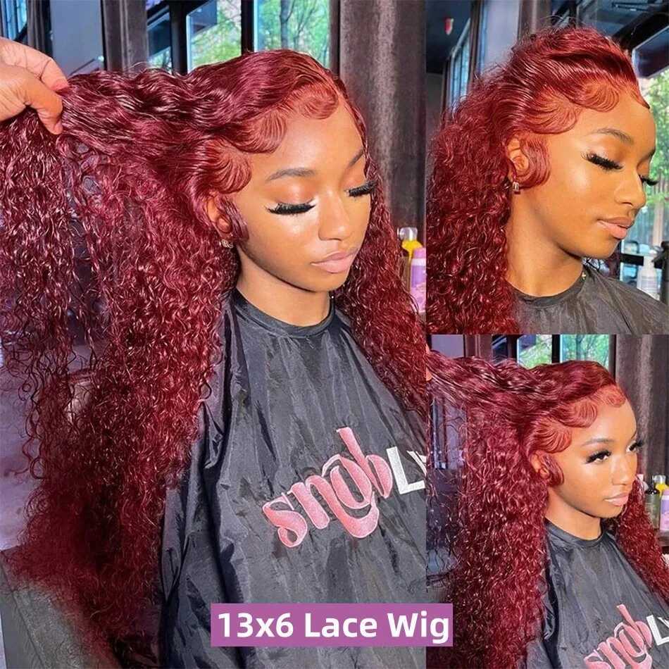 99J Burgundy 13x6 Hd Lace Frontal Human Hair Wig 30inch Red Colored Curly Wigs 13x4 Hd Lace Water Deep Wave Frontal Wig Prepluck W251107