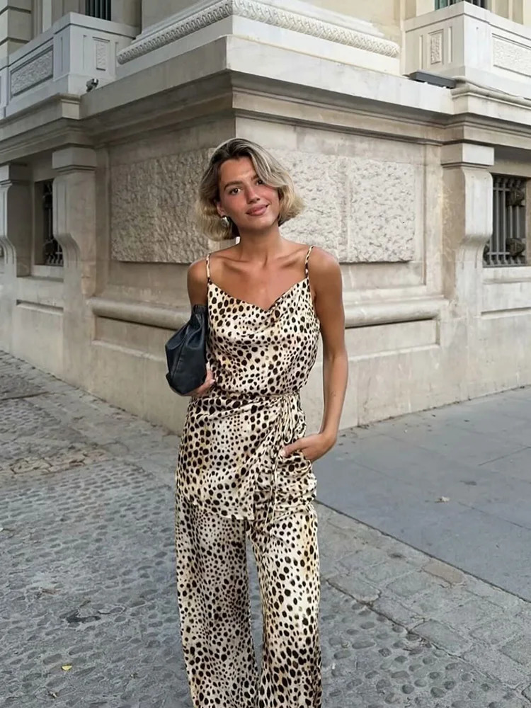 TRAF Womens Animal Printed Tie Embossed n Cami TopHigh Waist Wide Leg Straight Pants Fashion Two Piece Set 250407