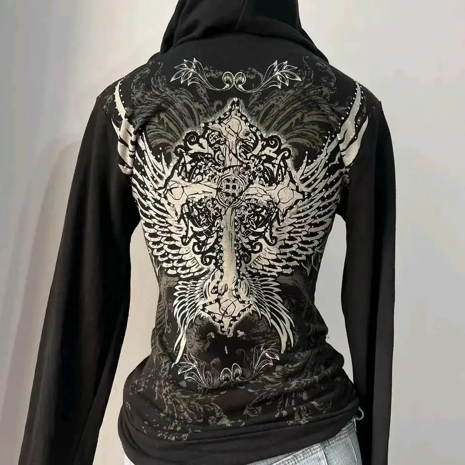Harajuku jacket wing cross print 2000s Gothic hoodie womens street clothing retro punk ultrathin zipper Korean 250403