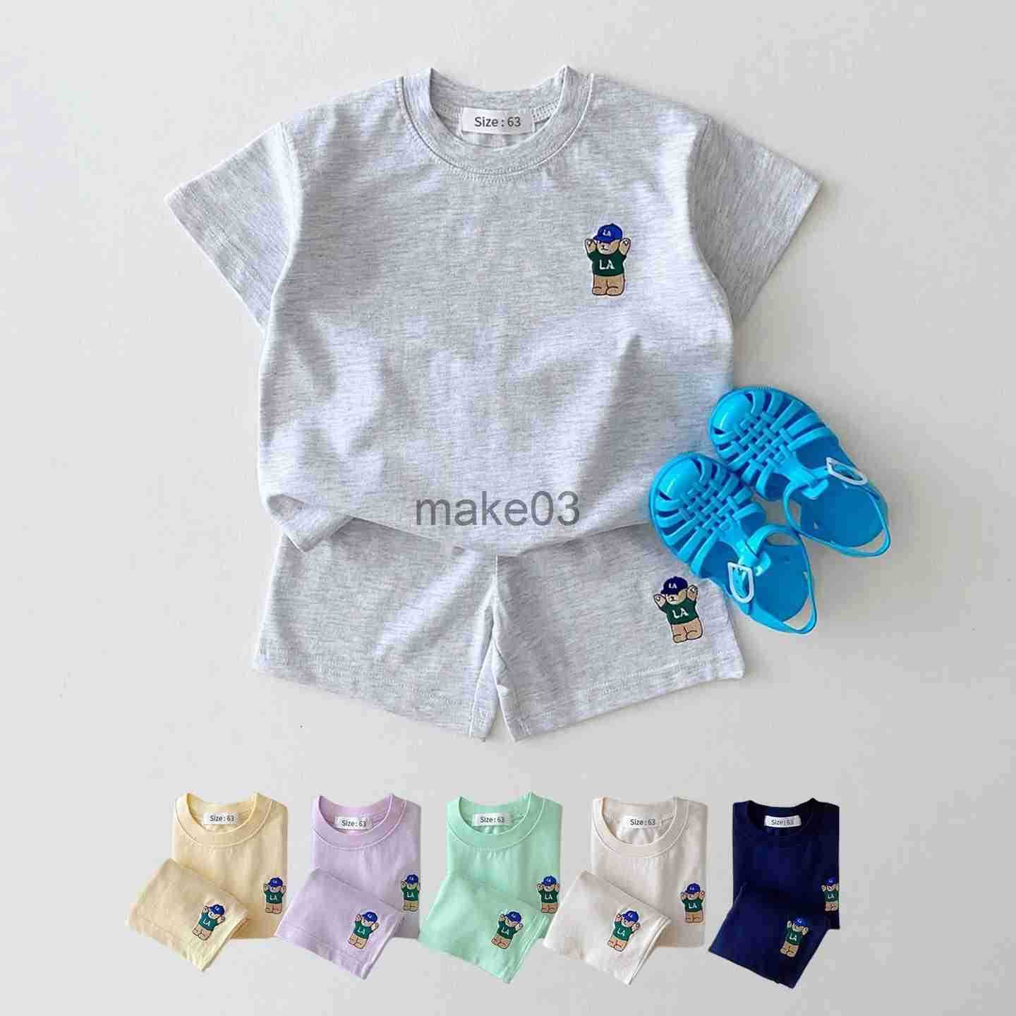 2023 Summer Korean Boy Embroidered Bear Bae T-shirt+Loose Shorts Girl 2PCS Casual Baby Set Preschool Clothing J250403