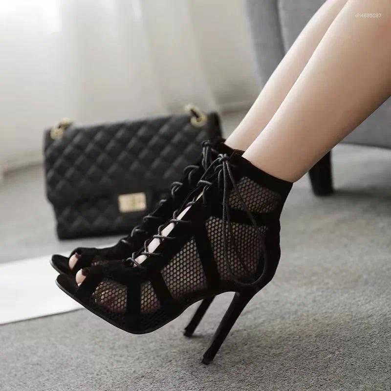 Sandals Fashion Show Black Net Fabric Cross Strap Sexy High Heel Woman Shoes Pumps Lace-up Peep Toe Casual Mesh zhanyishengli