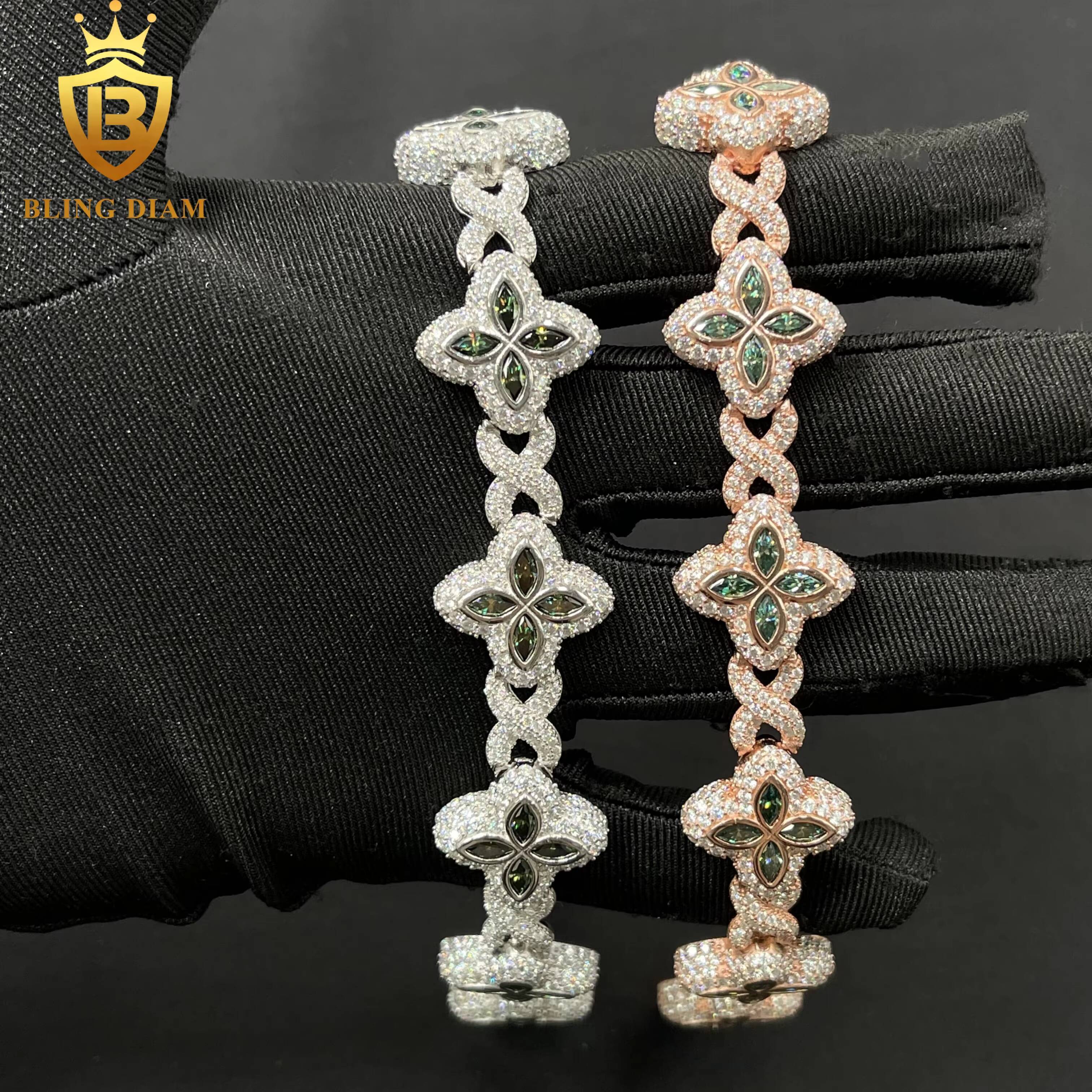 Hot Selling Design Hip Hop Jewelry Iced Out Marquise Cuban Link Chain VVS Moissanite Four-Leaf Clover 18mm Bracelet