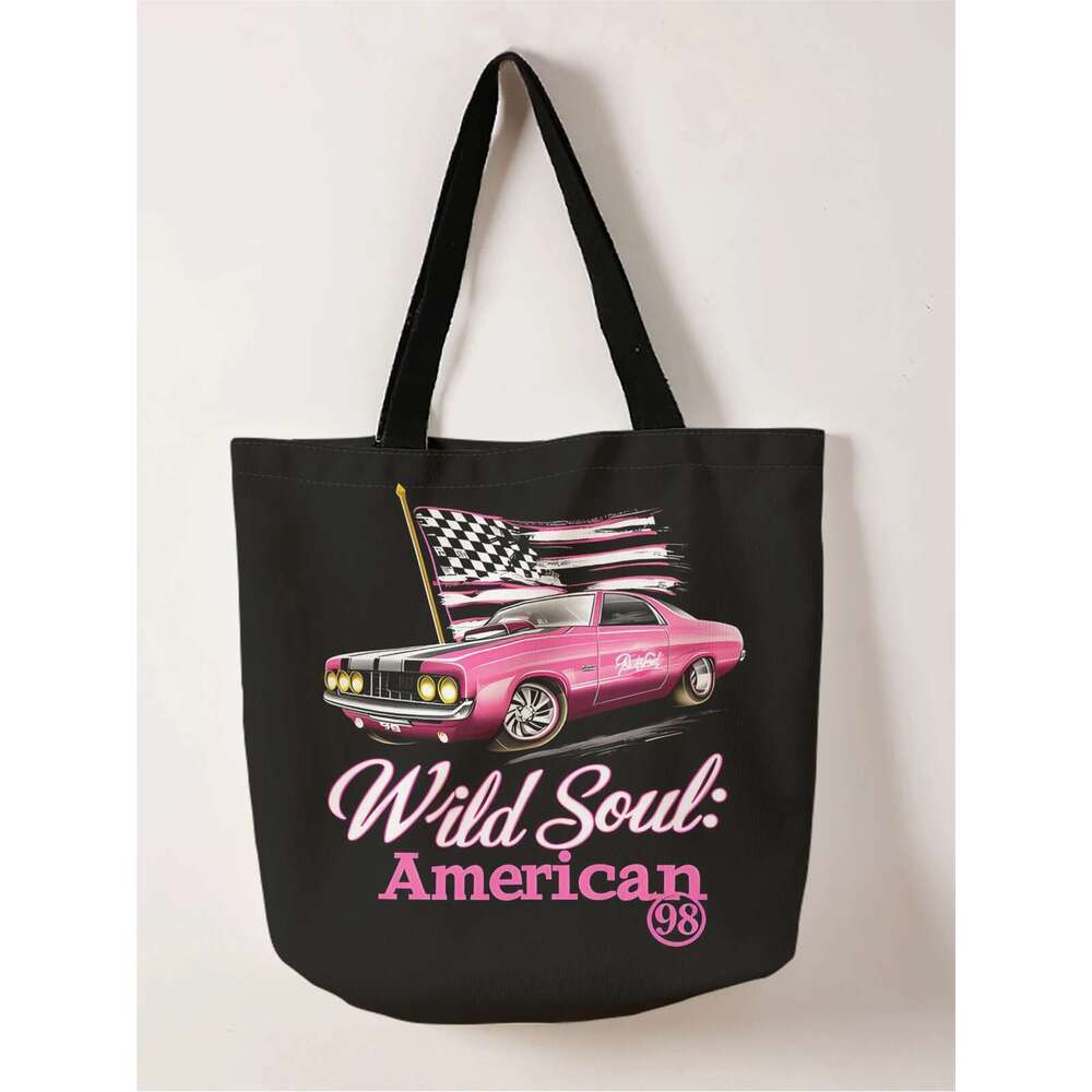 car 1pc,American retro reusable fashionable multifunctional handbag, printed canvas shopping bag handbag,