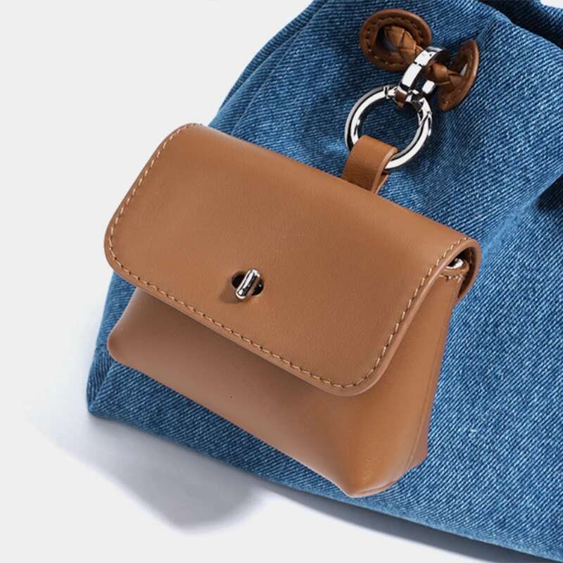New Denim Handbag With Small Genuine Leather Niche Brand Drawstring Design High-End Fashion Simple Shoulder Messenger Bag
