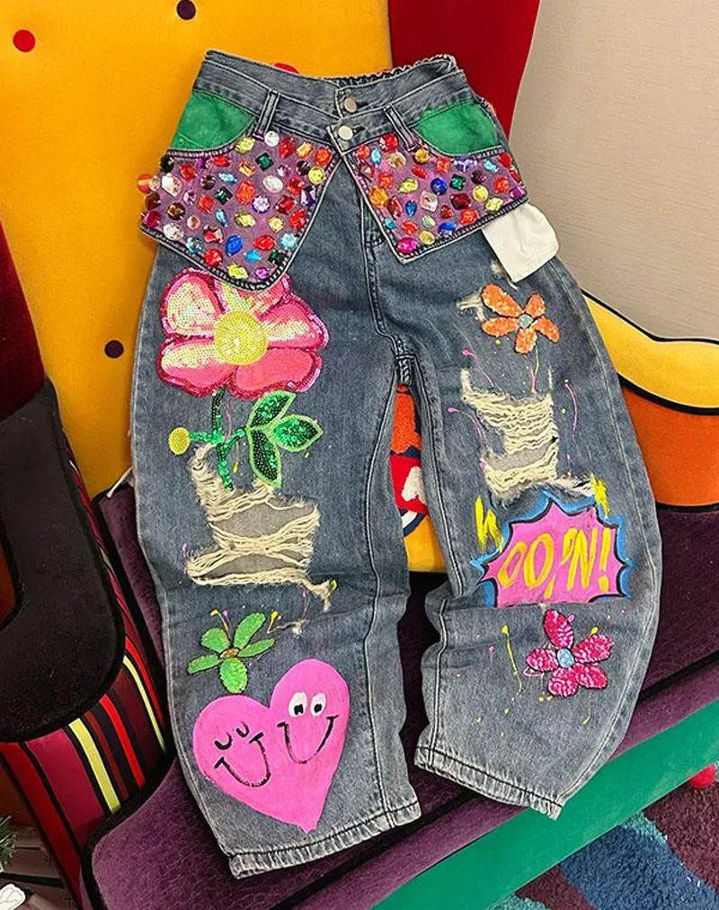 Chic Women Spring Floral Embroidery Diamonds Beaded Holes Denim Pants High Waist Loose Rhinestones Jeans Cowboy Broken Trousers 250403