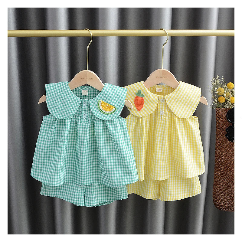 Summer Clothing Sets Baby Girl Cute Fruit Cotton Girls Plaid Sweet Princess 2pcs Suit Childrens Clothing Kids Vestidos 250407
