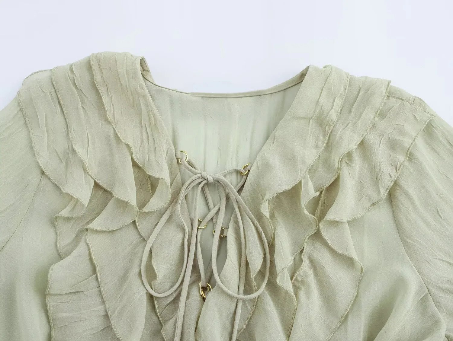 European and American Spring Womens Casual Stacked Decorative Transparent Vneck Long sleeved Shirt 250407