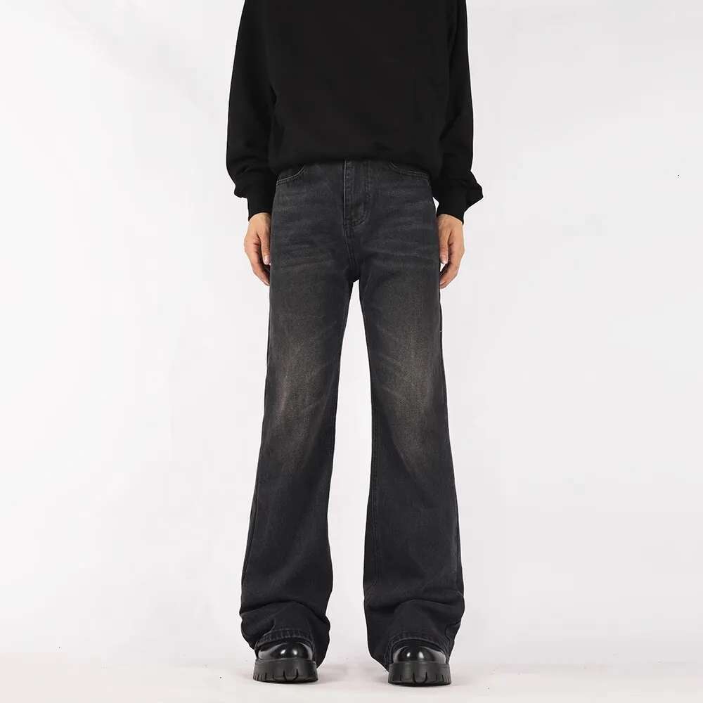 Letter Embroidery Flare Denim Pants Washed Distressed High Street Loose Jeans Men Trousers