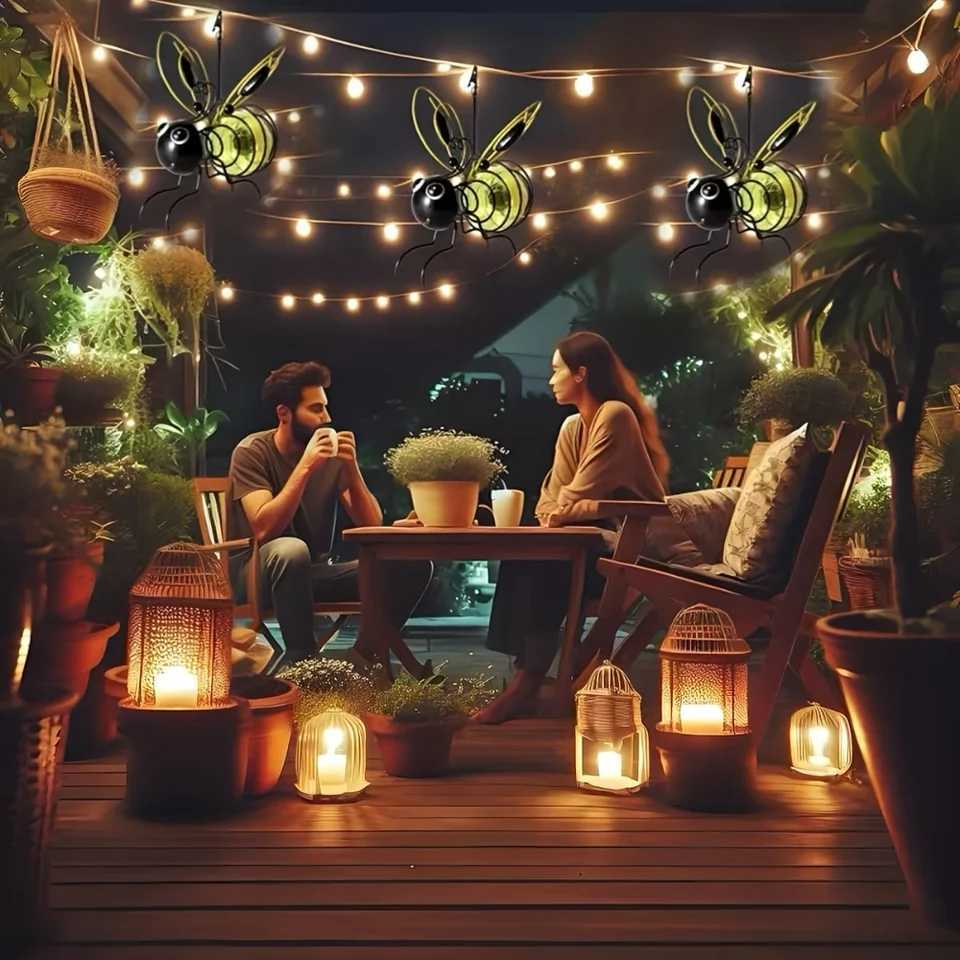 Solar Iron Bee Statue With LED Fairy Lights Outdoor Waterproof Hanging Tree Ornaments For Fence Yard Courtyard Garden Art Decor W251107