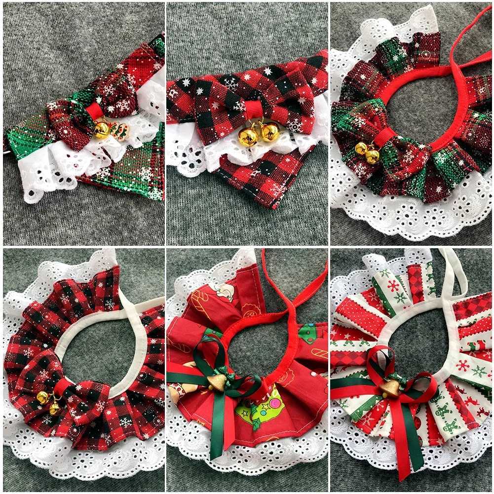 Christmas pet bow bib collar scarf plain weave bow lace Saliva towel with bell pendant suitable for dog and cat collars necklace beauty accessories M2