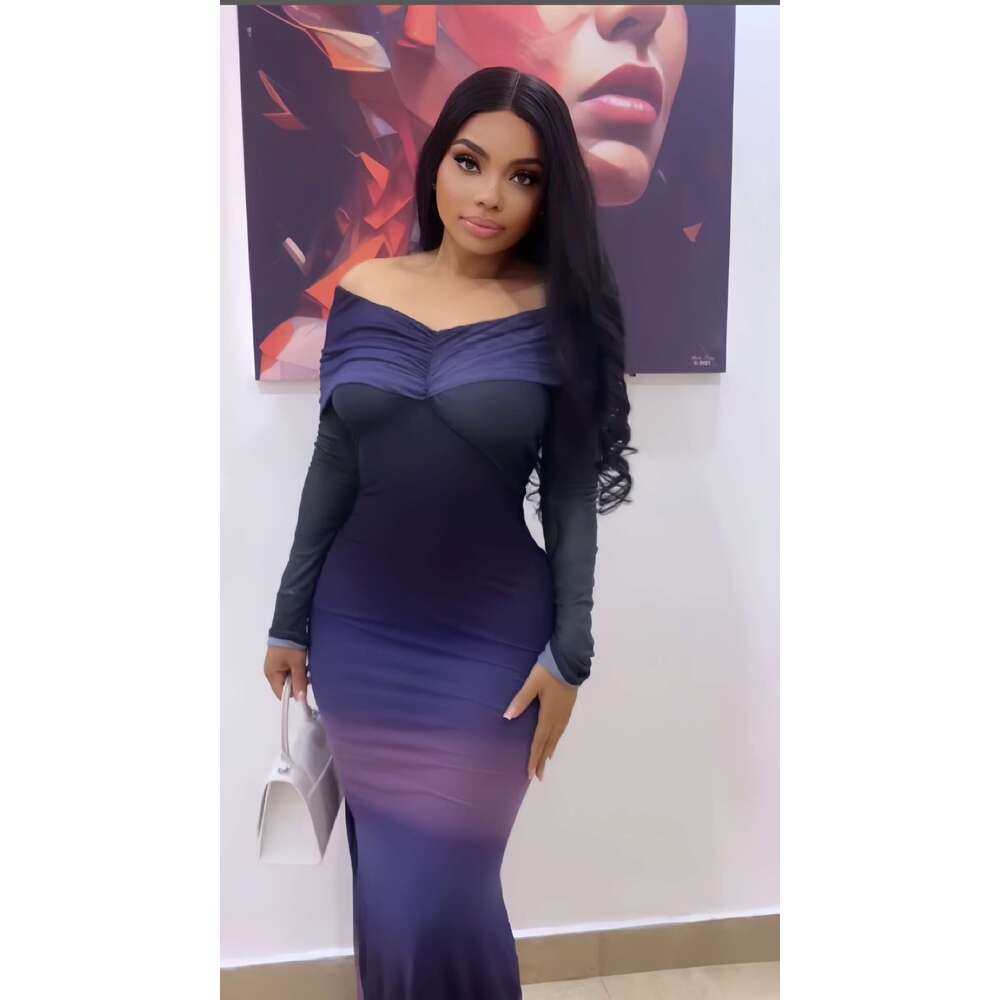 2025 Autumn New Long Sleeve Ruched Off-Shoulder Gradient Slim Dress for Women