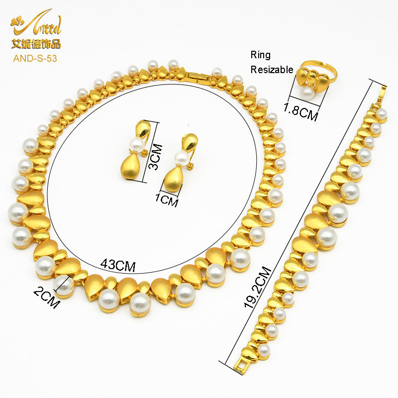 Dubai bride wedding zircon pearl necklace ring earring bracelet four piece set womens banquet Jewelry Set 230313