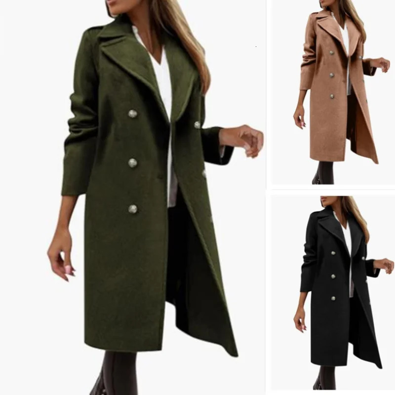 Woolen Women Jackets Elegant Solid Trench Lapel Turndown Collar Womens Jacket DoubleBreasted Overcoat For Autumn Winter 251030