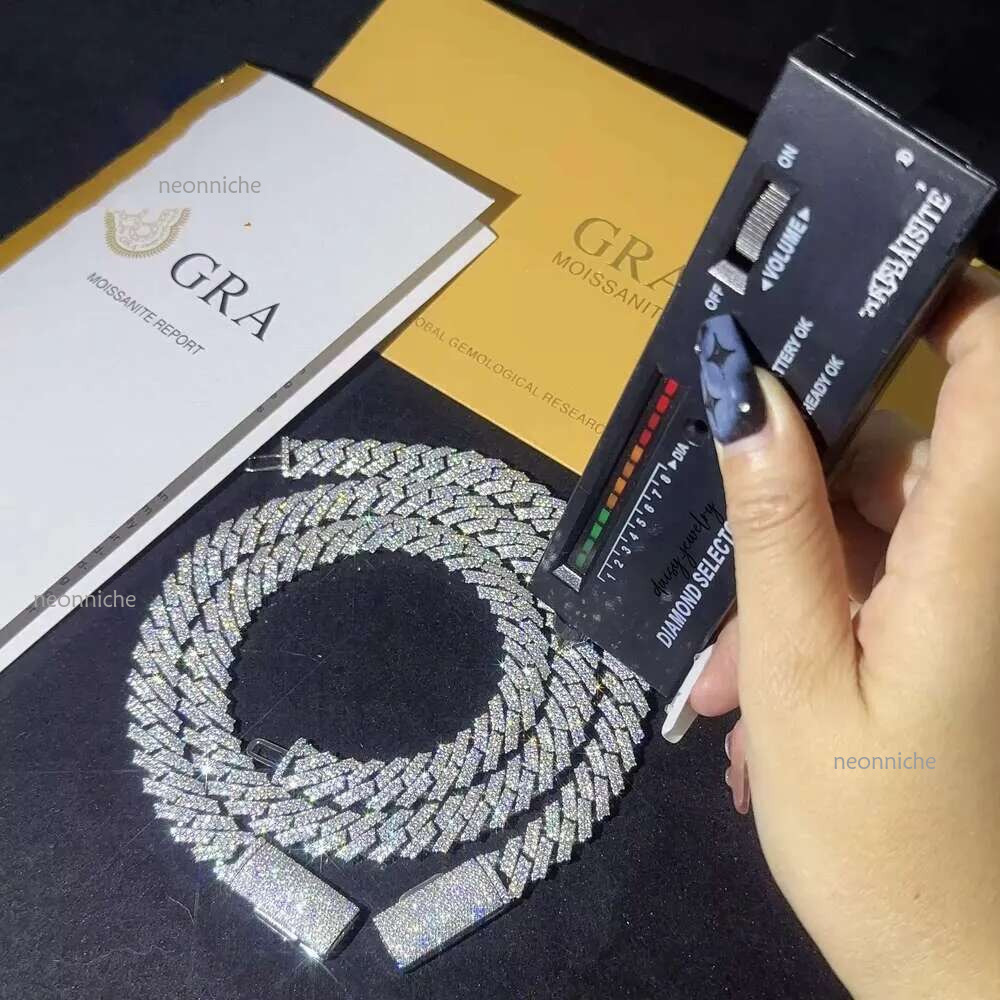 Top hip hop jewelry gold cuban k chain necklace designer for men 2 row bg moissanite dia 14MM wide choker iced out sier chains necklaces prong