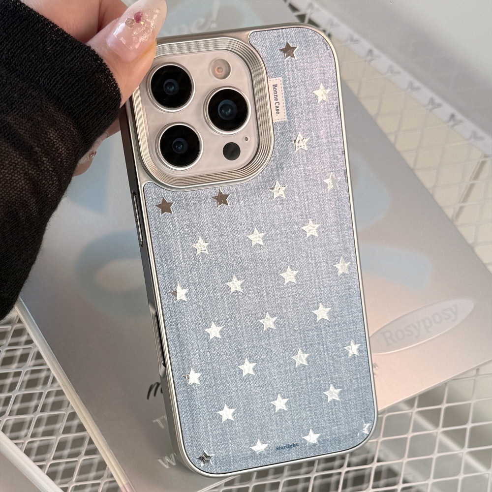 Minimalist Denim Star Phone Case Compatible with iPhone 17/16 Pro Solid Color Protective Cover iPhone 15/14