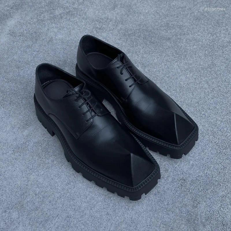 Dress Shoes Large Size Rhino Horn Platform Real Leather For Women Black Lace Up Square Toe Fashion Novelty Derby 6
