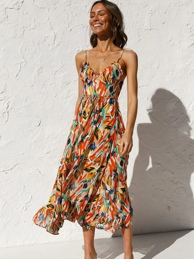 Summer womens floral long dress spaghetti strap sexy dress casual beach dress sun skirt womens clothing Bohemian dress 250401
