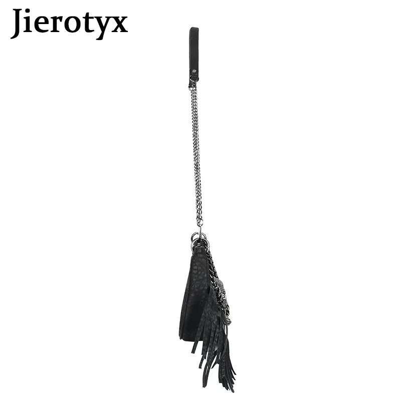 JIEROTYX Skull Face Fringed Hobo Shoulder Bag For Women Gothic Black Leather Crossbody Handbag Purse Chain Decor