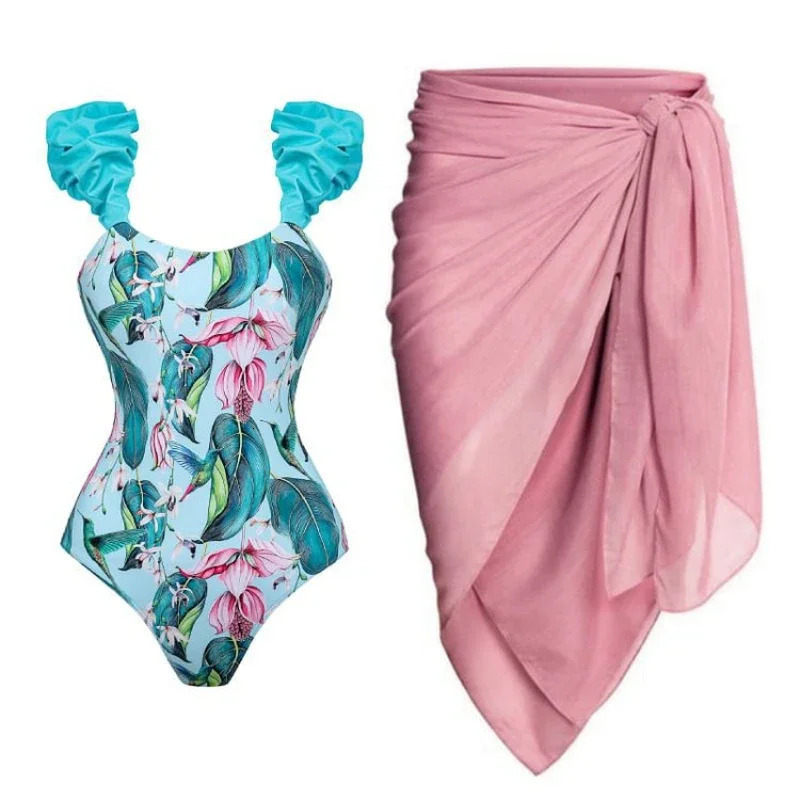 Green suspension ruffled swimsuit high waist onepiece cut bikini and pink chiffon elegant suitable for women 250313