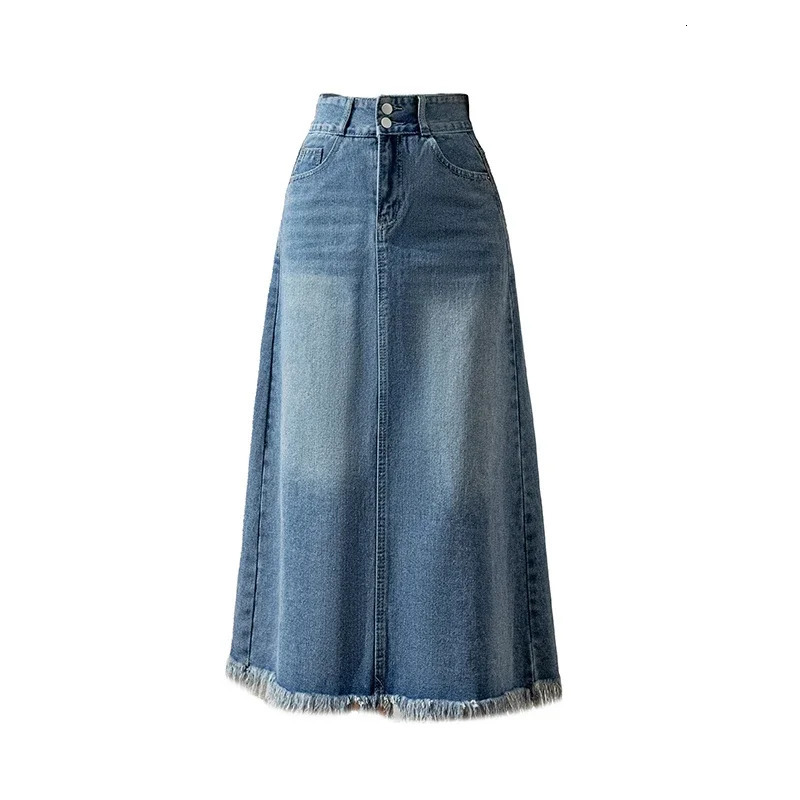 Seoulish Retro Blue Denim Skirts for Women 2025 Spring Summer Elegant High Waist Tassel Pockets Medium Length A-line Skirt 250407
