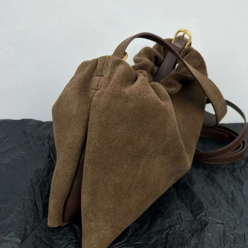 Ruched Korean Kakhi Coffee Designer Armpit Shoulder Bag 2 Straps Real Matte Suede Cow Leather Women Handbag 2025 Chamois Tote