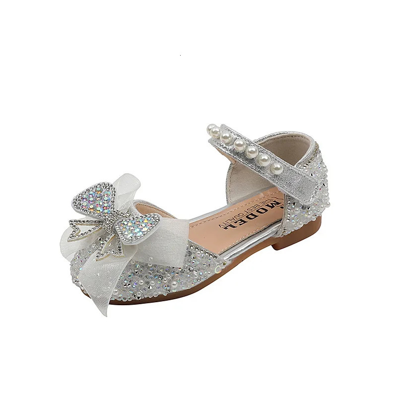 Princess girl silver sandals bow sandals summer pearl glitter rhinestone party wedding non slip flat shoes 250402