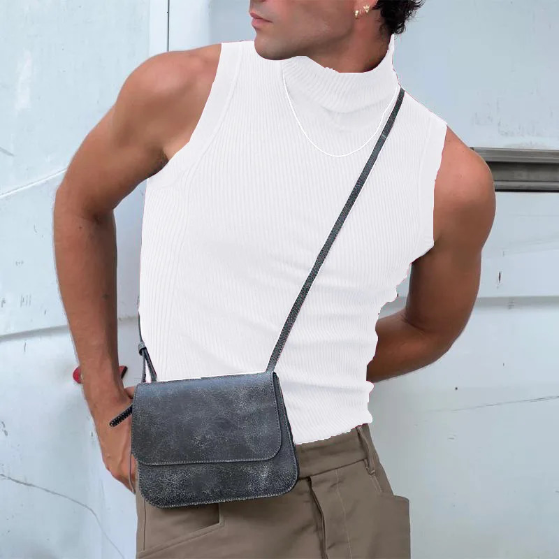 Mens sexy tight solid color vest top high neck sleeveless gym casual vest party basic shirt S-3XL 250403