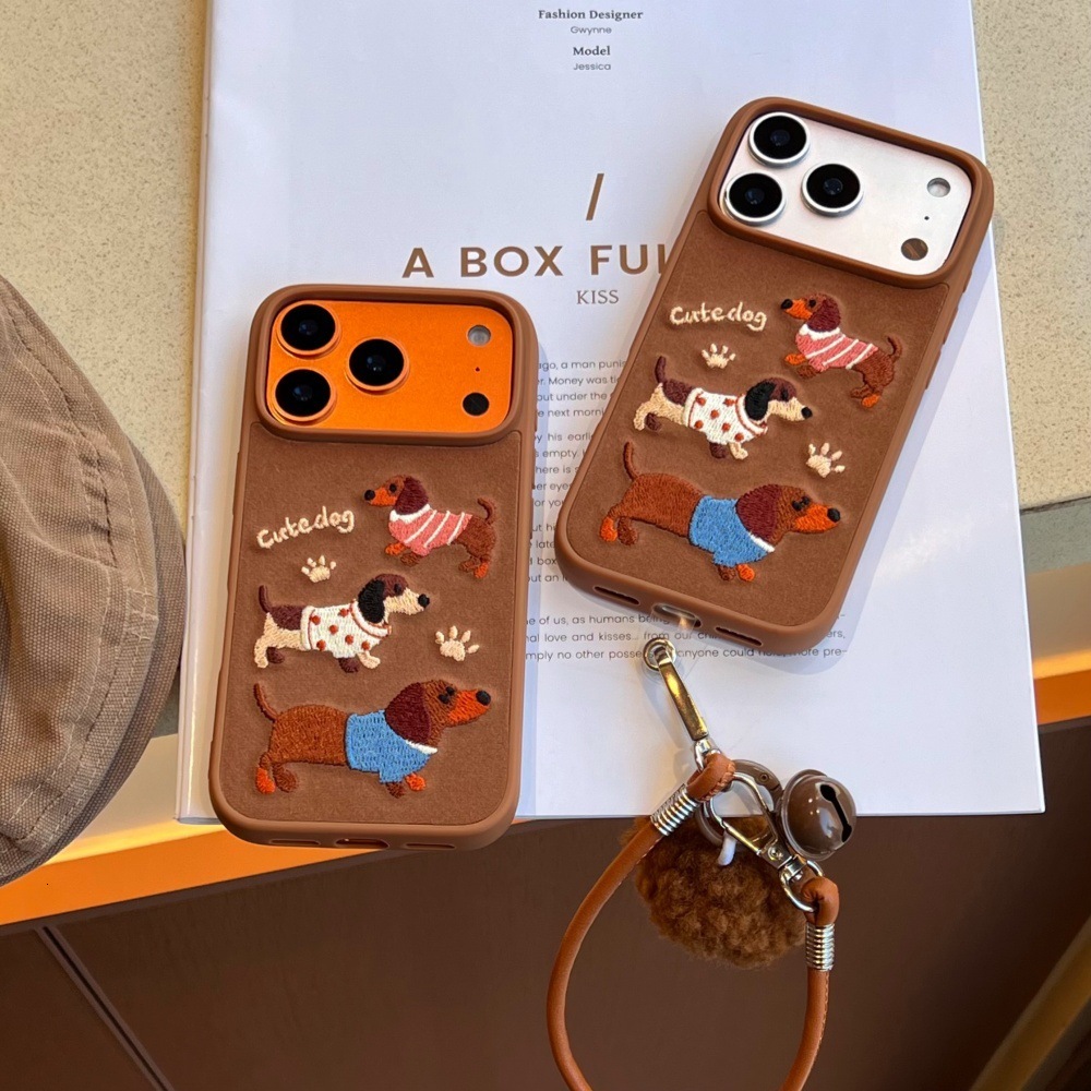 Embroidered Dachshund Dog Phone Case Compatible with iPhone 17/16 Pro Max Cartoon Lanyard iPhone 15/14 Pro
