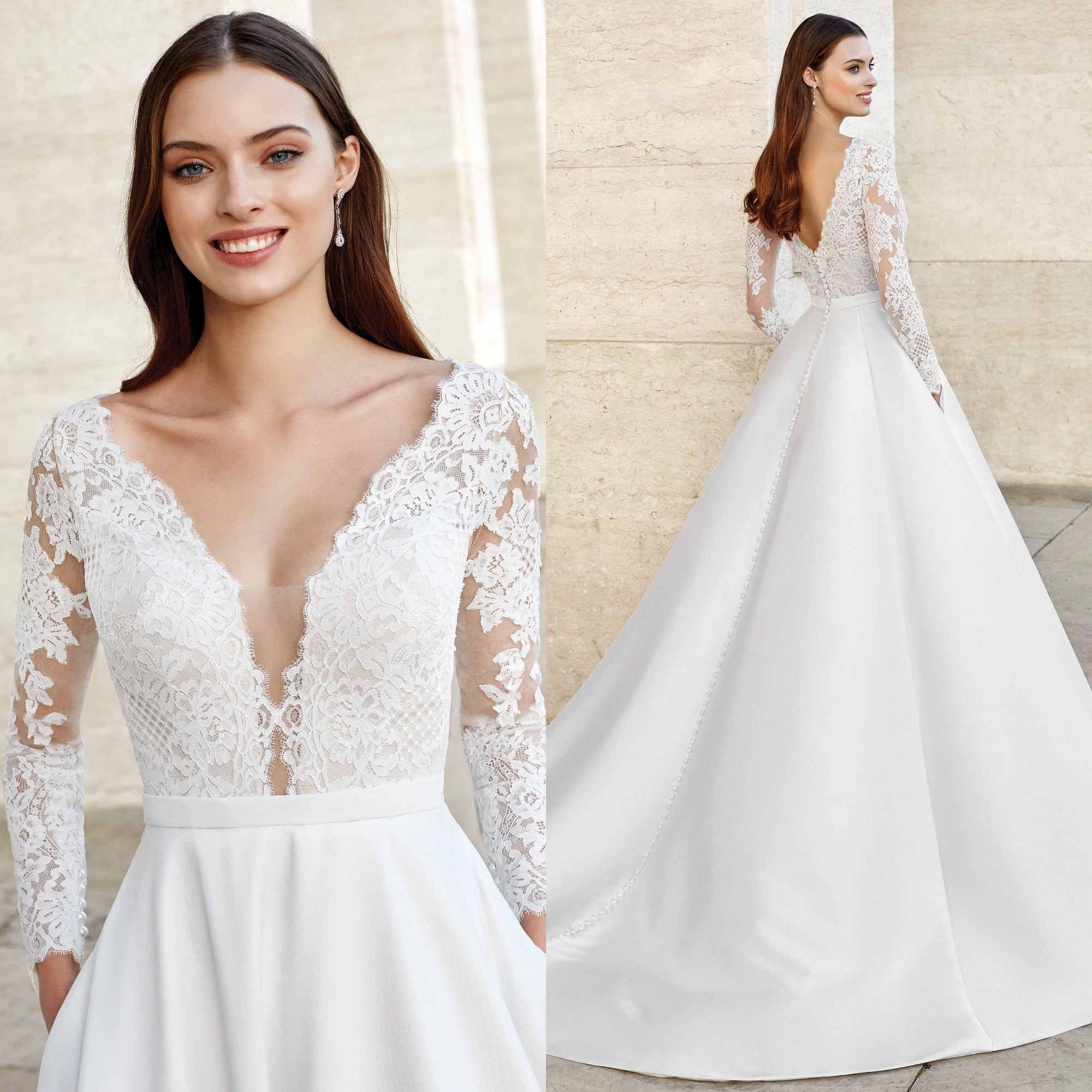 Bohemian Wedding Dresses V Neck Lace Satin Long Sleeves Bridal Gowns Customized Backless Sweep Train A Line Boho Robe De