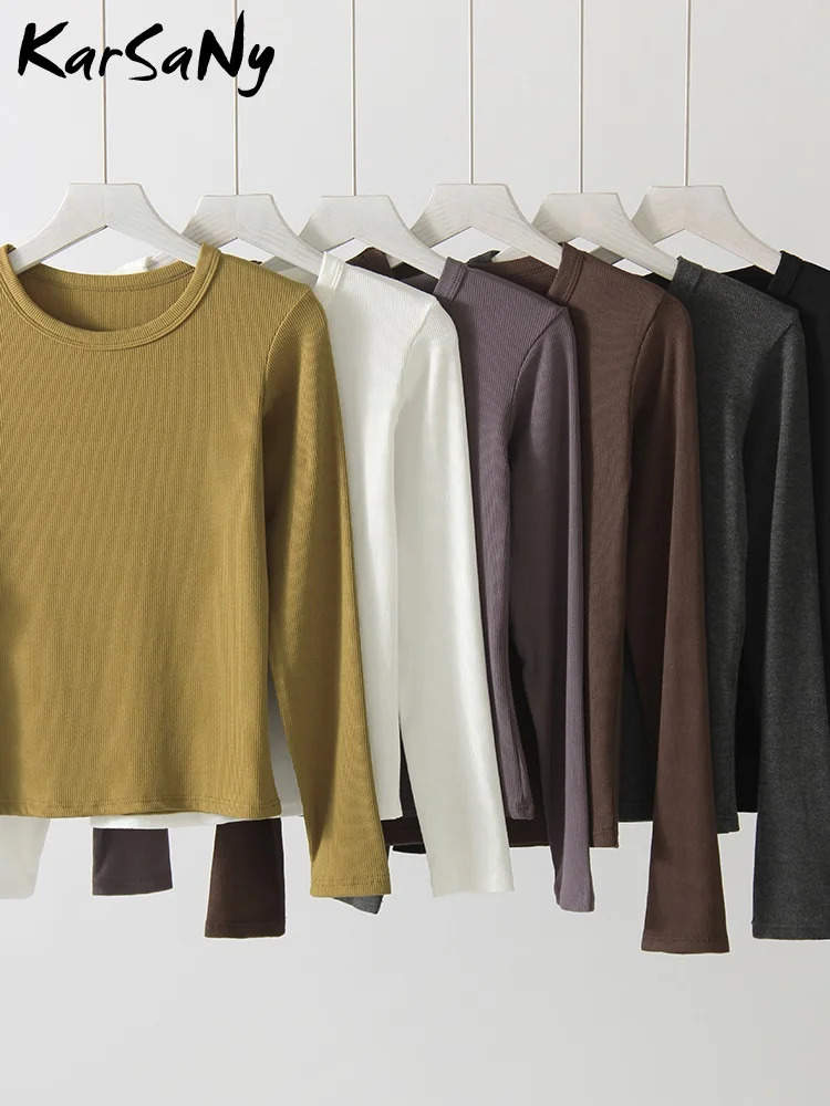 Basic ultrathin Tshirt womens spring Oneck long sleeved shirt solid casual top elastic flat thin office ladies 250407