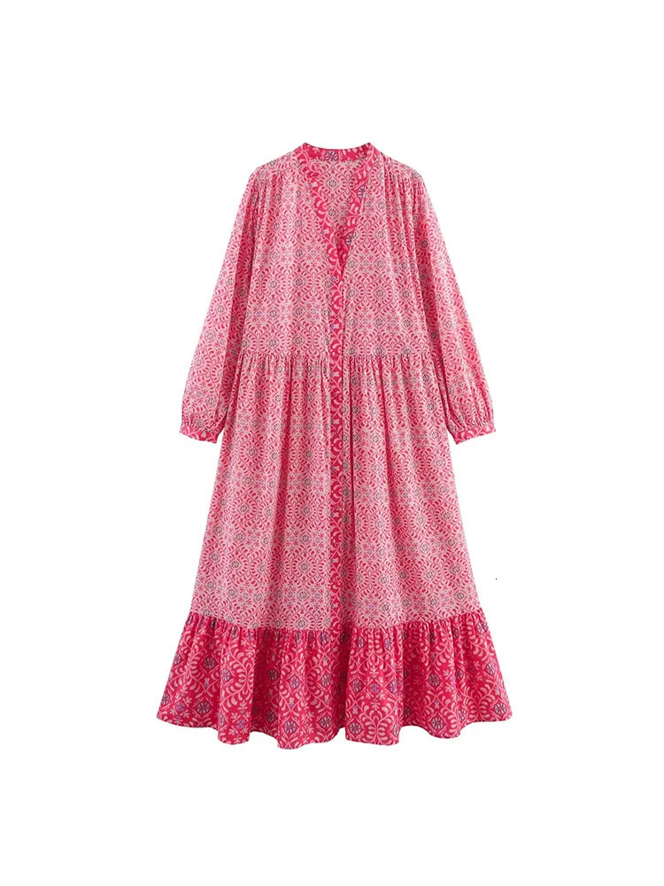 Womens Summer MIDI Dress Retro Printed V-neck Loose Long Sleeve Elegant Womens Wear 250401