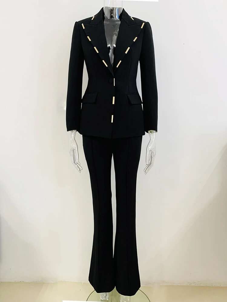 Newest Designer Runway Suit Women's Single Button Metal Block Blazer Flare Pants Set