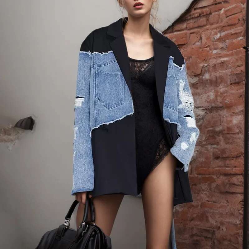 Women Denim Jeans Coats Suit Holes Loose Long Sleeves Y2k Streetwear Coat Color Blocking Jacket 2025 Spring Jackets Vintage