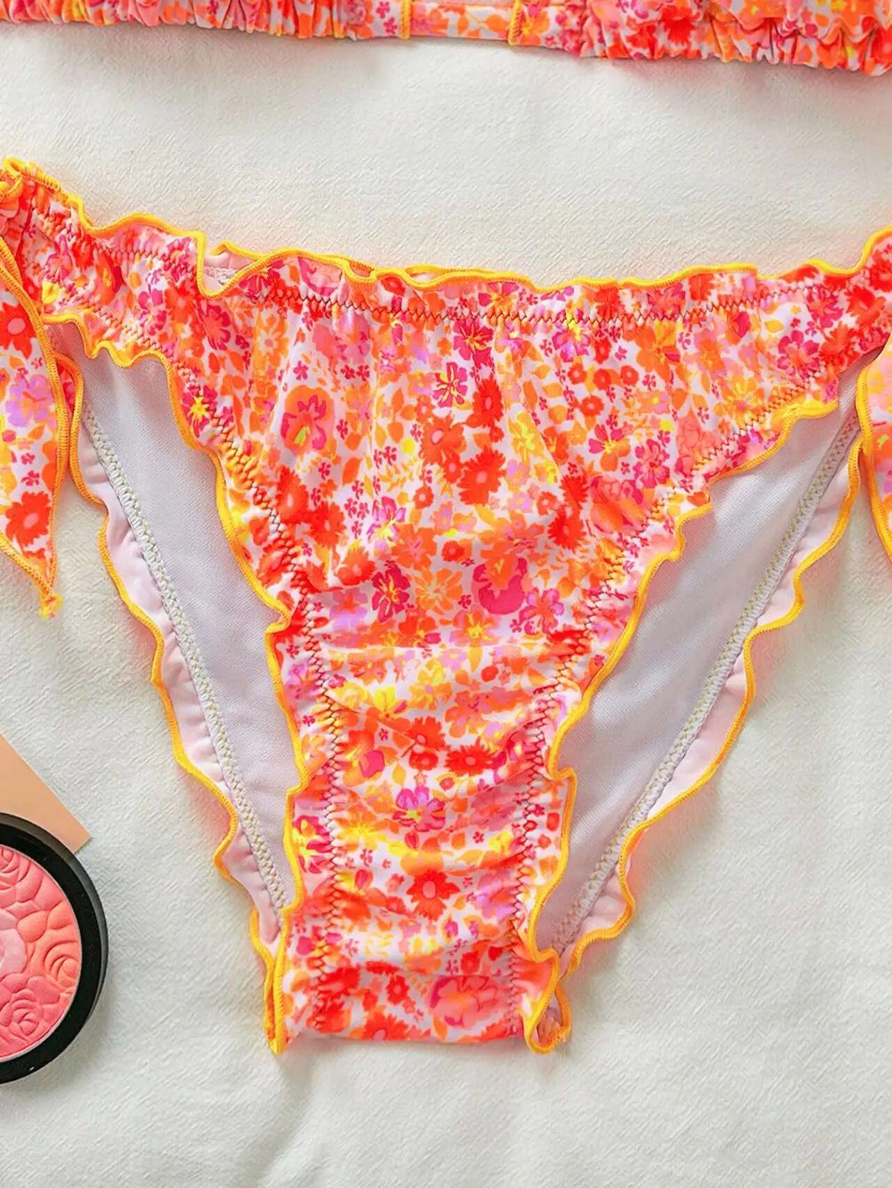 Dongdumaoyi Cute Orange Floral Print Bikini Set Women Halter Ruffles Push Up Tie Side Thong Swimsuit Summer Bathing Suit Micro Swimwear