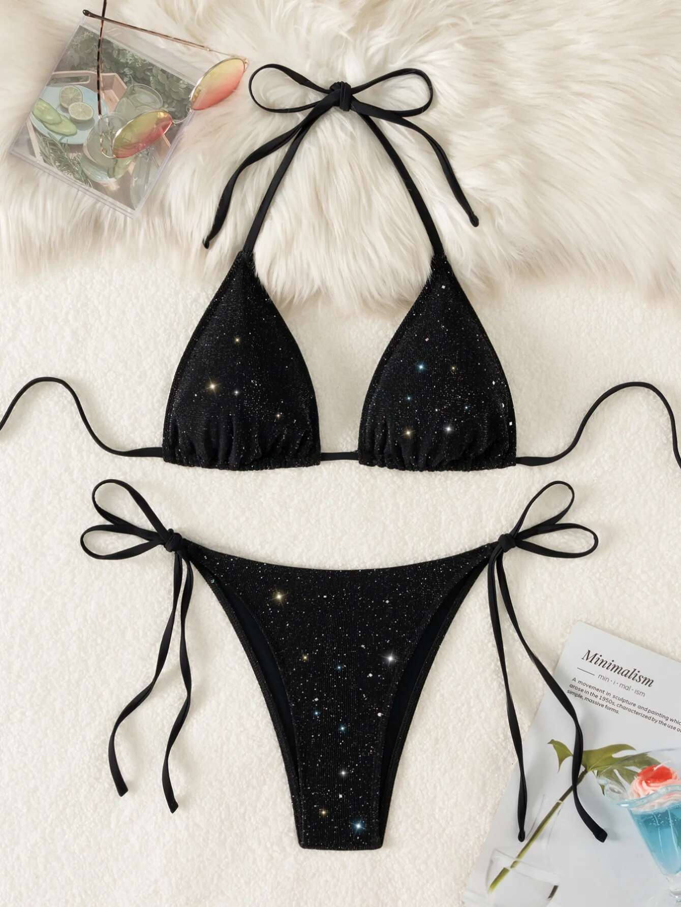 Dongdumaoyi Shiny Black Micro Bikini Women Sexy Sequin Push Up Tie Side Bandage Triangle Swimsuit Brazilian Beach Bathing Suit Swimwear